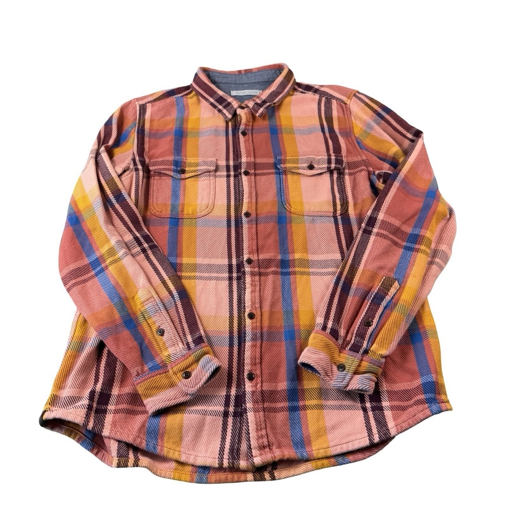 Outerknown Blanket Shirt Mens 2XL Pink Blue Yellow Plaid Flannel Button Up 4853